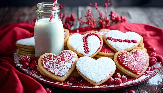 Festive Cookie Platter with Heart-Shaped Cookies, Milk, and Berries
