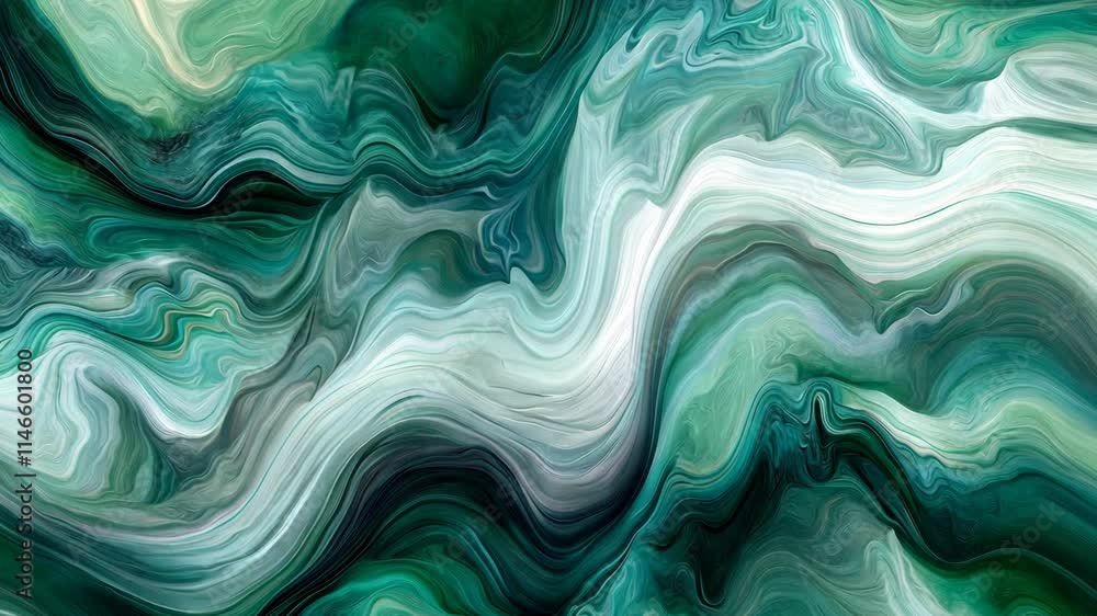 Poster swirling patterns of green and white hues create an abstract representation of natural elements in a