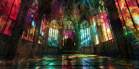 Fototapeta premium Digital Rendering of Cathedral Interior with Multicolored Stained-Glass Windows and Throne