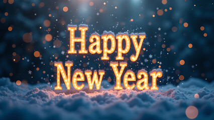Happy New Year illuminated sign in a snowy landscape. Concept of celebration, new beginnings, and winter holidays.
