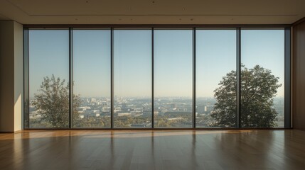 Fototapeta premium Empty modern room with wooden floor and large floor-to-ceiling windows overlooking a sunny city skyline and green trees.