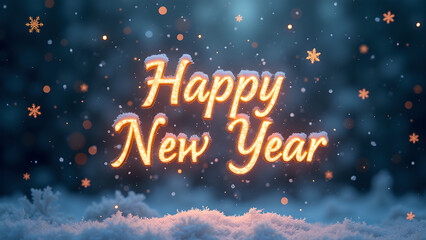 Happy New Year greeting text with snow and snowflakes. Concept of celebration and new beginnings.