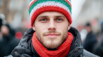Close-up portrait of a young man with blue eyes, wearing a red and white striped beanie and scarf, outdoors in winter.