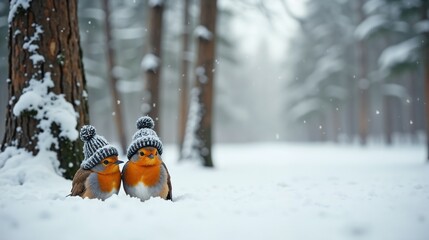 Naklejka premium Two cheerful robins wearing knitted hats standing in snowy forest landscape