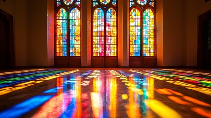 Colorful stained glass window reflections on church floor.