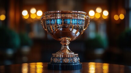 A gleaming trophy sits on a polished table, illuminated by soft lighting, symbolizing achievement and victory.