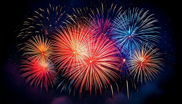 Fireworks, salute, colorful beautiful fireworks, multicolored fireworks, salute on a black background of the night sky, new year background, background to the 4th of july independence day, salute over