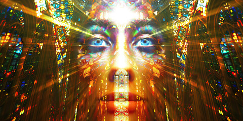 Stylized Female Face with Stained Glass Window Background and Radiating Light