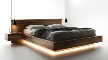 modern wooden platform bed with integrated nightstands and led l