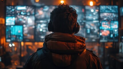 Naklejka premium A person wearing headphones observes multiple screens displaying data and visuals.