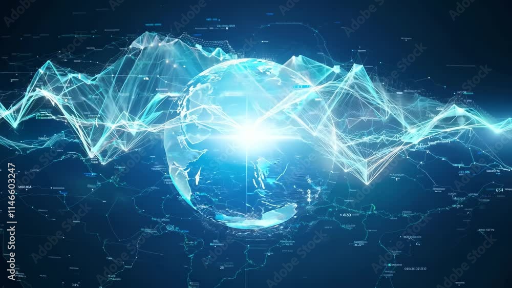 Poster exploring the digital connections of the world through glowing data visualizations and global networ