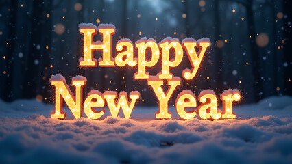 Happy New Year Glowing Greeting in Snowy Forest. Concept of Celebration and New Beginnings.
