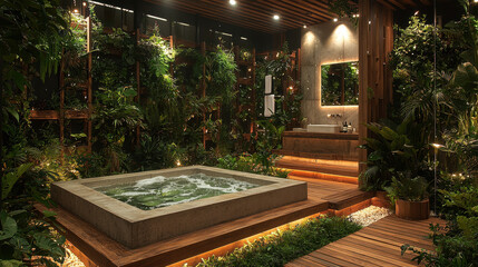 Obraz premium Luxury Oasis: Immerse yourself in a serene sanctuary where a luxurious hot tub beckons amidst lush greenery and warm lighting. A perfect escape from the hustle and bustle of everyday life. 