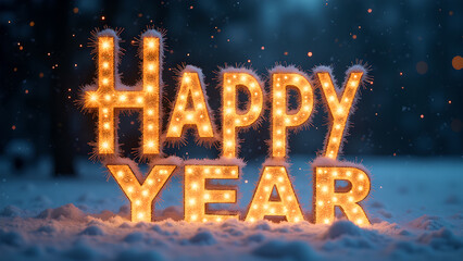 Happy New Year sign with lights in snow. Concept of celebration, new beginnings, and winter holidays.
