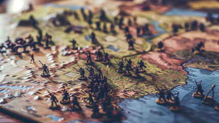 Military Strategy Map with Miniature Soldiers and Terrain Models on Wooden Table, Detailed Planning Scene