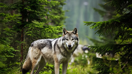 Naklejka premium Cute smiley wolf in the green forest