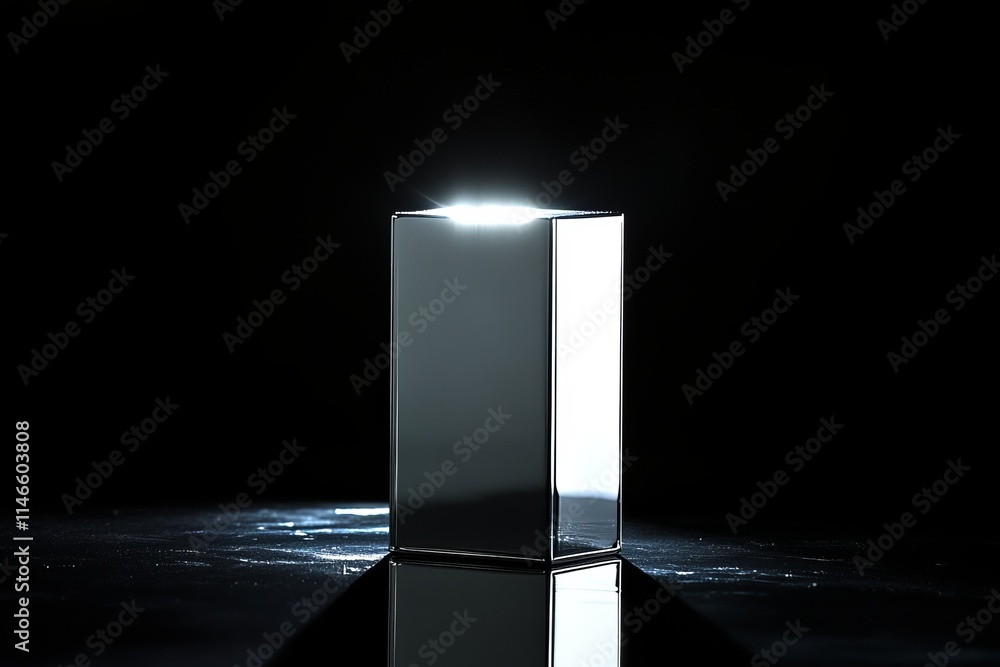 Poster Reflective Metallic Cube with Soft Light Glowing from the Top Against a Dark Background, Creating an Artistic and Minimalist Composition
