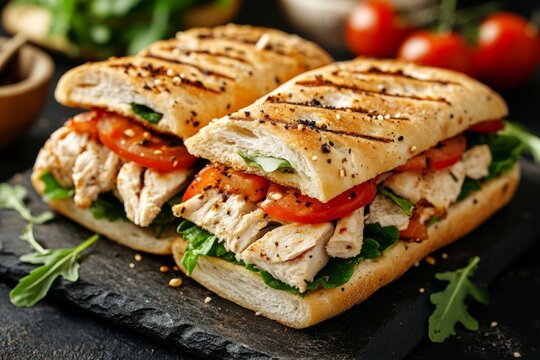 A delicious sandwich filled with grilled chicken, tomatoes, and greens on a toasted roll.