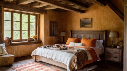 Obraz premium rustic farmhouse bedroom interior design with wooden beams and w