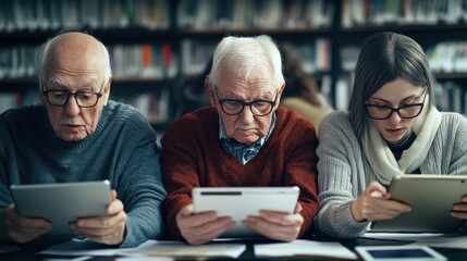 Fototapeta premium Seniors Engaged with Tablets in Quiet Library Setting