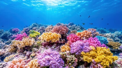 Fototapeta premium Vibrant coral reef teeming with colorful marine life under clear blue ocean water with sunlight filtering through the surface.
