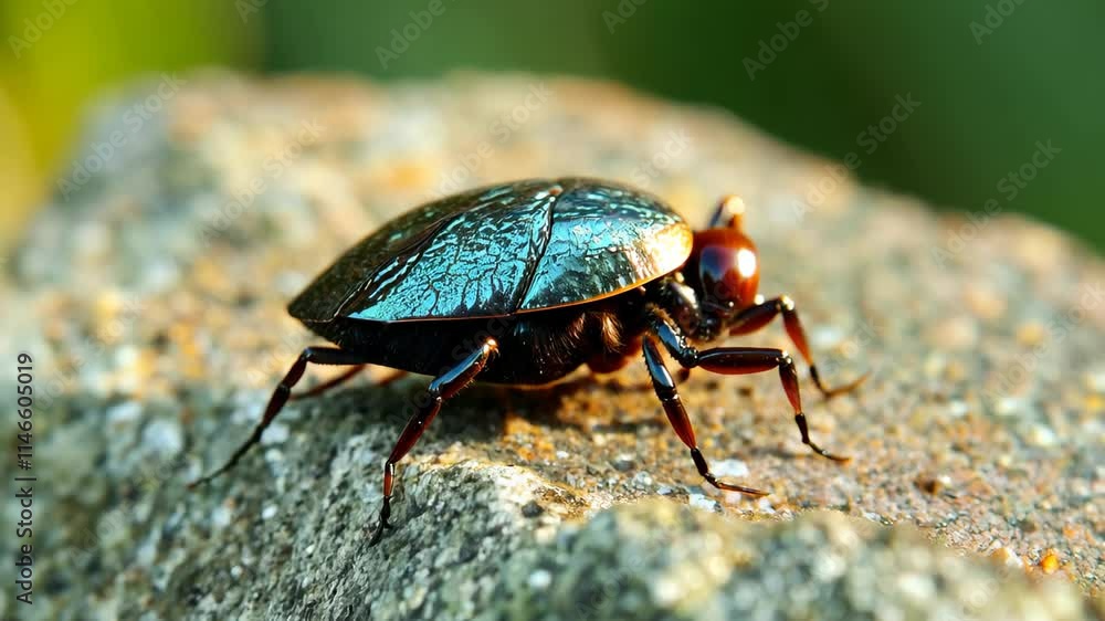 Poster unique close-up of a shiny beetle exploring a natural habitat during daytime