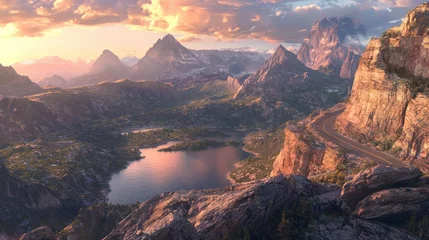 Tableau sur toile Coucher de soleil An expansive mountain landscape at sunset with a winding road jutting out over a high cliff  © imlane