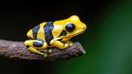 Fototapeta premium Yellow-black poison dart frog perched on branch.