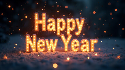 Happy New Year illuminated sign in snow. Concept of celebration, new beginnings, and winter holidays.