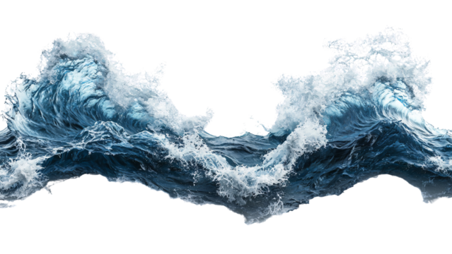 Majestic ocean waves crashing with vibrant blue hues and foam. Isolated on transparent/white background.