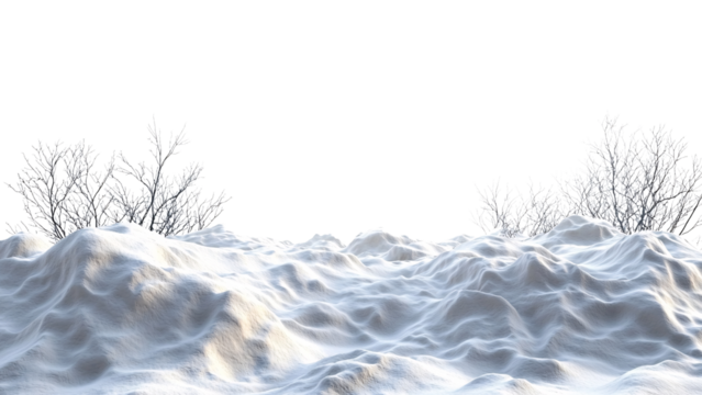 Snowy landscape with frosty trees and soft snow texture. Isolated on transparent/white background.