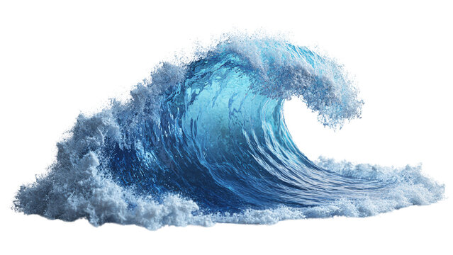 Powerful ocean wave crashing with vibrant blue colors. Isolated on transparent/white background.