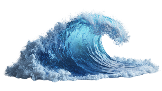 Powerful ocean wave crashing with vibrant blue colors. Isolated on transparent/white background.