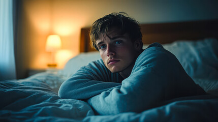 Young Man Experiencing Stress in Bed at Night with Moody Lighting