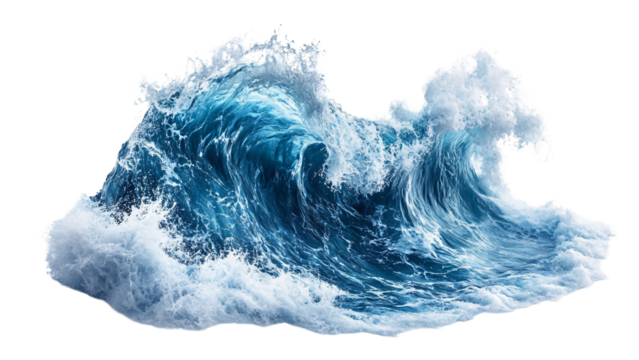 Majestic ocean wave crashing with vibrant blue colors. Isolated on transparent/white background.