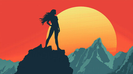 Fototapeta premium Woman standing on mountain at sunrise in empowerment illustration
