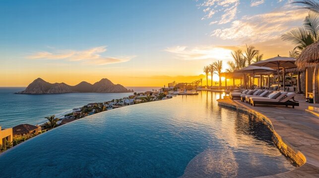 stunning sunset over oceanfront infinity pool in cabo san lucas