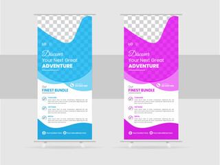 Creative travel business agency Roll Up Banner stand template presentation, vector layout for tour or travel vacation purposes. Print and editable design. 