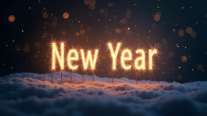 New Year lettering with sparklers. Concept of celebration, new beginnings, and resolutions.