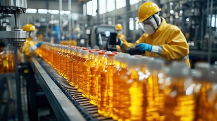 bottling plant workers filling and packaging vegetable oil