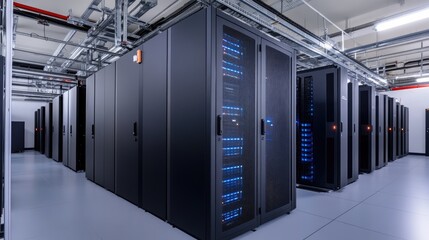 A high-tech data center with rows of black server cabinets, illuminated by blue LED lights and connected to other stations through visible cables. The clean, white room features concrete floors