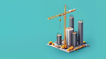 A construction site model featuring tall buildings, a crane, and construction equipment against a turquoise background.