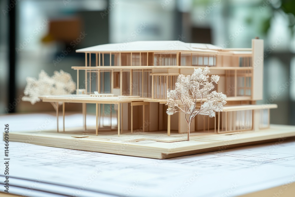 Poster architectural model displayed on blueprint
