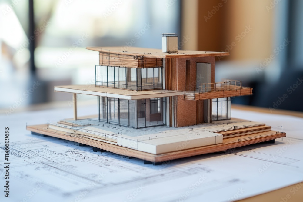 Poster detailed architectural model on blueprint display