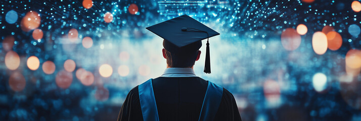 A student from a digital software academy wearing a black graduation hat and looking forward. 