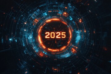 Obraz premium A vibrant digital display features the year 2025 at its center, surrounded by glowing blue and orange lines.