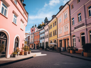 Fototapeta premium Quaint Town Square with Pastel Buildings and Cobblestones