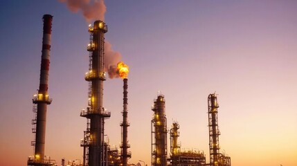 Obraz premium A silhouette of oil refinery towers emitting smoke and flames against a twilight sky, showcasing industrial energy production.