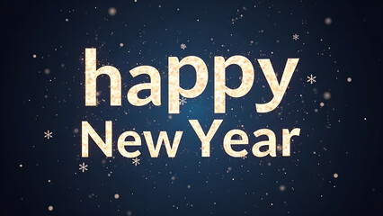 Happy New Year text animation with falling snowflakes. Concept of celebration, new beginnings, and winter holidays.
