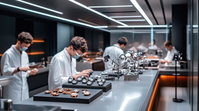 skilled watchmakers in modern workshop carefully assemble and in